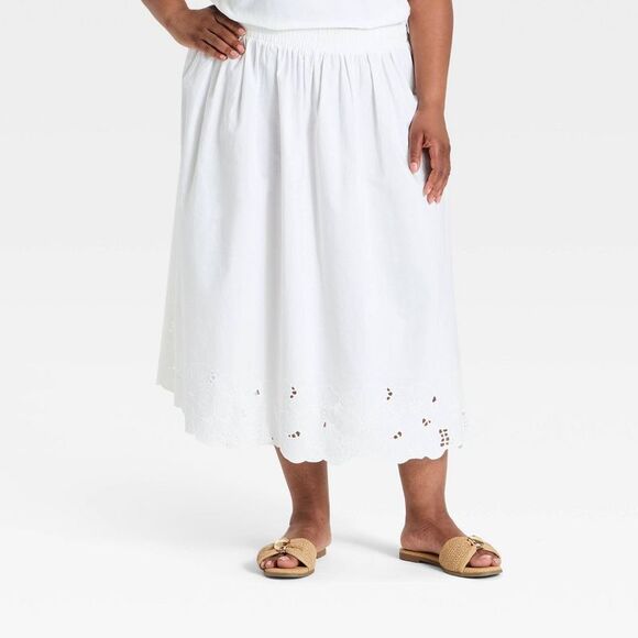 Ava & Viv Pants - Open Box - Ava & Viv - Women's Embroidered Eyelet Midi A-Line Skirt - Ava White